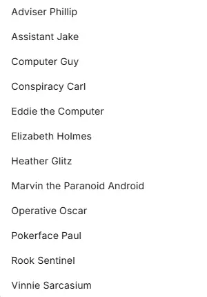 AI Personality Character list